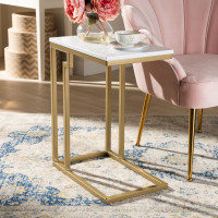 Baxton Studio AA-1822-Marble/Gold-ET Renzo Modern and Contemporary Brushed Gold Finished Metal End Table with Faux Marble Tabletop